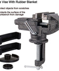 Front view of a 3-inch universal table vise with clamp-on base and 360° swivel; black metal with accessory jaws.