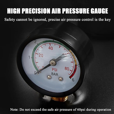 High precision air pressure gauge showing PSI and BAR for accurate pressure control, used with Kick Ass Heavy Duty Air Pressure Pot Holds 2 5 Gallons For Super Smooth Spray Jobs And Continuous Paint Mixing Pushes Up To 6 Bar With A Rust Resistant Build Designed For Shop Techs And Hard Working Handy Crews Seeking Dependable Day Shift Gear.
