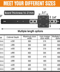 12 Inch Pocket Door Slide System 2 Pack Cabinet Conversion Hardware Kit size chart showing board thickness and model options.