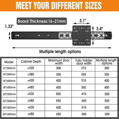 12 Inch Pocket Door Slide System 2 Pack Cabinet Conversion Hardware Kit size chart showing board thickness and model options.