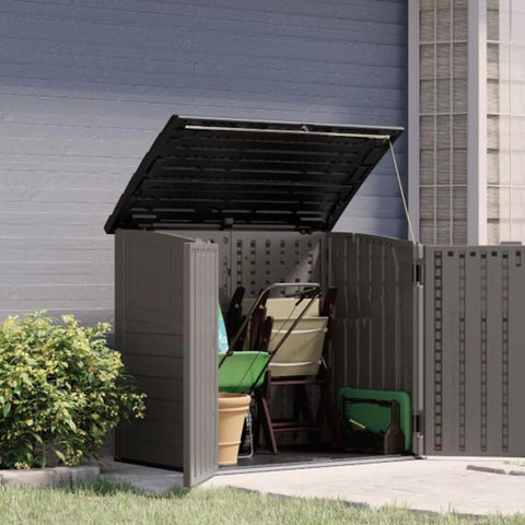 34 Cu Ft Horizontal Resin Storage Shed With Floor Included For Outdoor Use Weatherproof And Lockable, open with garden tools inside.
