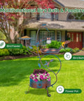 3 In 1 Outdoor Metal Bird Bath With Feeder And Planter Garden Blue Bird Bath With Solar Lights For Backyard in garden setting