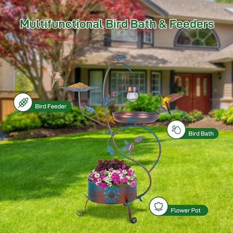 3 In 1 Outdoor Metal Bird Bath With Feeder And Planter Garden Blue Bird Bath With Solar Lights For Backyard in garden setting