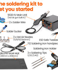 Two In One Hot Air Soldering And Rework Station With T12 Tip System For Electronics, Fast Heat Up In Seconds, Large Display, Includes Silicone Work Mat, Two Solder Tips, Lead Free Solder, Solder Sucker, And ESD Safe Tweezers kit components shown