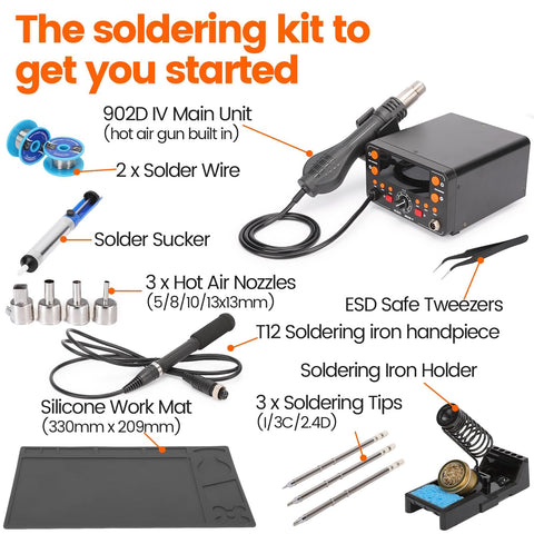 Two In One Hot Air Soldering And Rework Station With T12 Tip System For Electronics, Fast Heat Up In Seconds, Large Display, Includes Silicone Work Mat, Two Solder Tips, Lead Free Solder, Solder Sucker, And ESD Safe Tweezers kit components shown