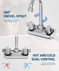 Commercial Wall Mount Kitchen Faucet With Two Handles 4 Inch Center Set Swivel Gooseneck Spout Chrome Finish Utility Laundry Restaurant Mixer Tap Durable High Flow Design Pro Grade with 360° swivel spout and dual control knobs.