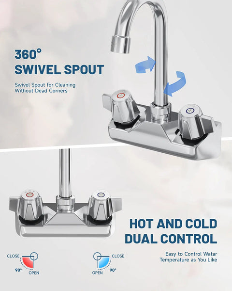 Commercial Wall Mount Kitchen Faucet With Two Handles 4 Inch Center Set Swivel Gooseneck Spout Chrome Finish Utility Laundry Restaurant Mixer Tap Durable High Flow Design Pro Grade with 360° swivel spout and dual control knobs.