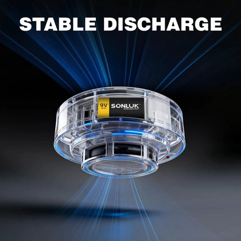 Transparent view of smoke detector using 10 Pack 9V Carbon Zinc Batteries For Smoke And CO Detectors, Ultra Long Lasting Beefy Power.