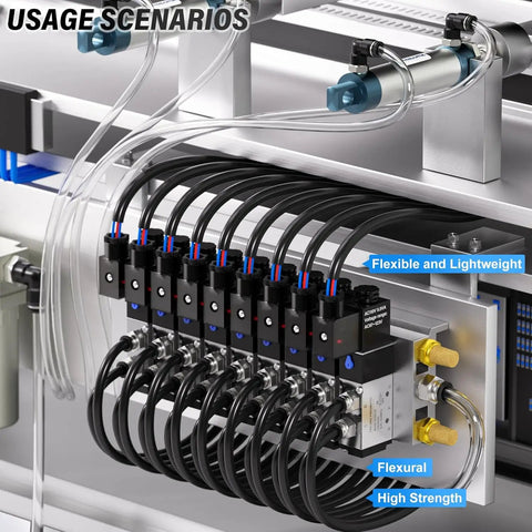 Black PU Air Tubing Kit With Quarter Inch And Three Eighth Inch OD Tubes connected to pneumatic system with fittings