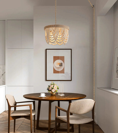 Boho Beaded Flush Mount Ceiling Light 3 Light Fixture In Rustic Antique White Wood Beads over dining table in cozy room