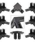 Eight Pieces 20x20 Aluminum T Slot Corner Brackets With Set Screws For 2020 Series Extrusions, 3 Way Tri Connectors To Build Strong, Adjustable Frames For DIY Projects In Black, shown installed on extrusion corners