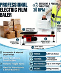 Heavy Duty Electric Stretch Wrap Dispenser Packing Station For Super Fast And Zero Sweat Box Wrapping With 220V Wall Setup and Rock Solid Semi Automatic 30 Rpm Motor Assembly, red framed baler with boxes.