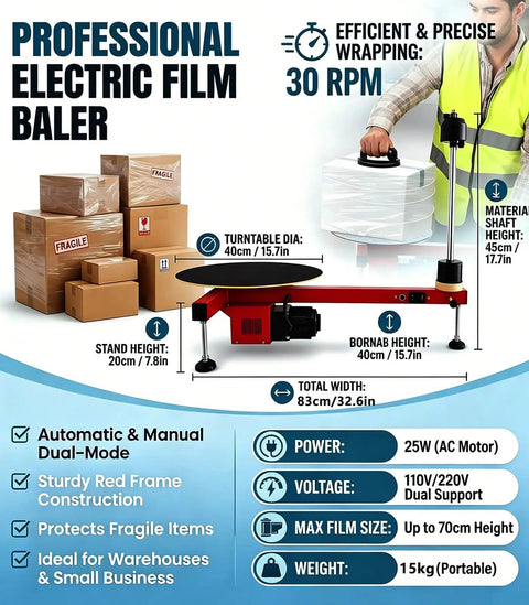 Heavy Duty Electric Stretch Wrap Dispenser Packing Station For Super Fast And Zero Sweat Box Wrapping With 220V Wall Setup and Rock Solid Semi Automatic 30 Rpm Motor Assembly, red framed baler with boxes.