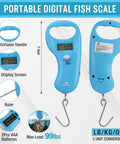Portable digital fish scale, blue, with LCD display and hook. Part of the 6 Piece Fishing Tools Kit With Pliers Fillet Knife Fish Lip Gripper Hook Remover Digital Fish Scale Line Snips Fly Fishing Retractor With Sheath And Lanyard A Solid Gift For Men Who Love Angling.