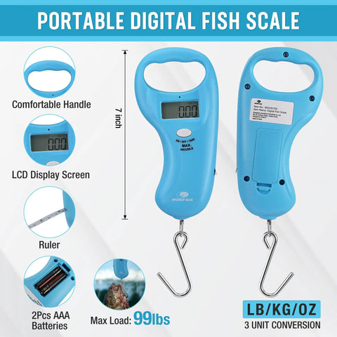 Portable digital fish scale, blue, with LCD display and hook. Part of the 6 Piece Fishing Tools Kit With Pliers Fillet Knife Fish Lip Gripper Hook Remover Digital Fish Scale Line Snips Fly Fishing Retractor With Sheath And Lanyard A Solid Gift For Men Who Love Angling.