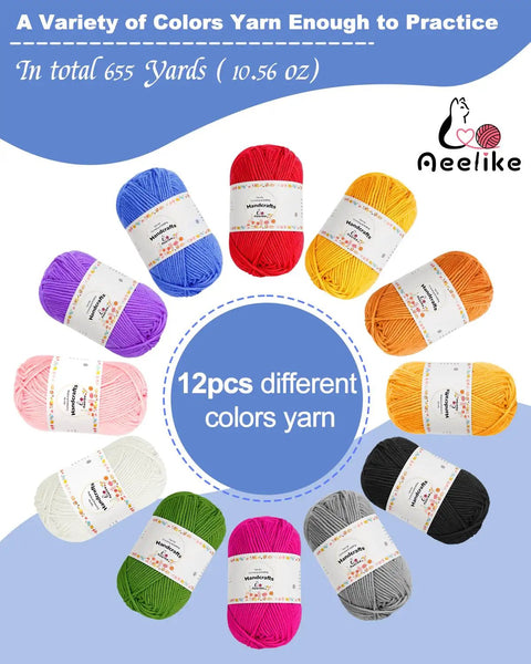 Circular display of 12 colorful yarns from Beginner Crochet Kit For Adults And Teens With 23 Crochet Tools And 655 Yards Of Yarn.