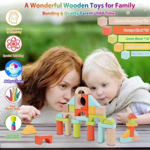 FCSONU wooden building blocks set, 100 pieces, assorted colors, with storage lid for toddlers