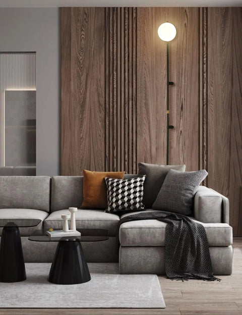Plug In Wall Sconce With Globe Shade, Modern Indoor LED Wall Lamp illuminating a cozy living room, warm white light, 110-240V