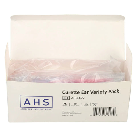 Disposable Ear Curettes For Safe Wax Removal Pack Of 75 Individually Wrapped Ear Cleaning Tools With 15 Of Each Spoon Tip Style For Teens And Adults At Home Or On The Go, open box