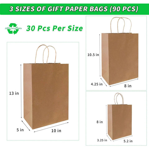 Image of 90 Pack Brown Kraft Paper Bags With Handles Bulk Assorted Sizes Small Medium Large for Gift Shopping Groceries Party.