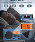 Portable AM FM Shortwave Radio With NOAA Weather Alert, 4000mAh Rechargeable Battery, big speaker on bedside table, sleep timer visible