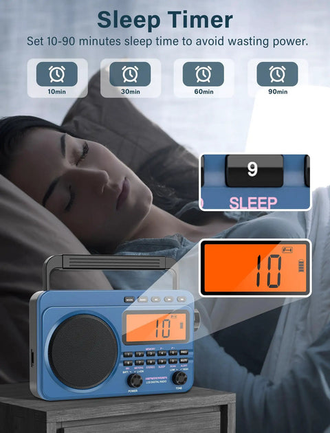 Portable AM FM Shortwave Radio With NOAA Weather Alert, 4000mAh Rechargeable Battery, big speaker on bedside table, sleep timer visible