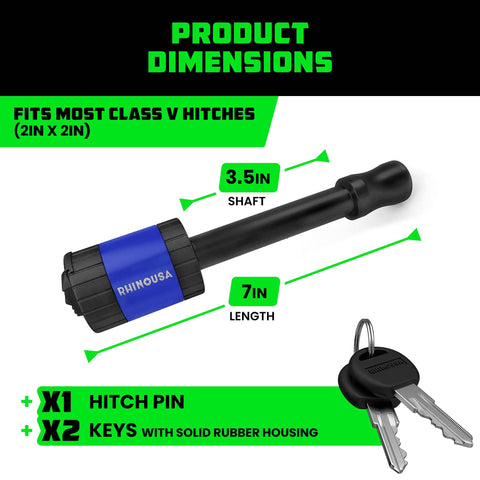 2 Inch Trailer Hitch Pin With Patented Locking Receiver For Class III And IV Hitches Weatherproof Anti Theft Debris Protected Tow Ready Blue 1 Pack Heavy Duty Steel dimensions with keys