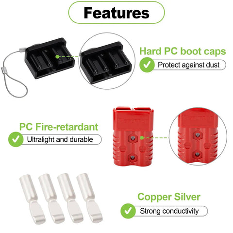 Heavy Duty Battery Quick Connect Disconnect Kit 175 Amp 12 To 36V 1/0 AWG Red 4 Pack For Winches Trailers And Electrical Equipment Fast Easy Power Connection And Disconnection, red connector with dust cap and silver terminals