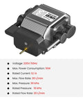 Longer Cut Engraver Air Assist Kit with Air Pump for Ray5 laser engraver; front view, metal body, black mount