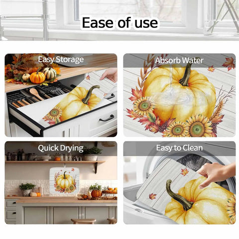 Fall Thanksgiving Dish Drying Mat For Kitchen Counter Yellow Pumpkin Sunflower Wood Grain Look