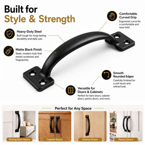 Heavy Duty Six Pack Gate Pull Door Handles Built Tough Five And Three Quarter Inch Black Metal Pulls For Wood Fence Shed Barn Door Cabinet And Screen Doors Includes Hardware Screws. matte black curved handle