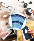 Anti fog wipes for glasses and camera lenses; blue packaging shown, used on glasses, camera lens, and phone screen.