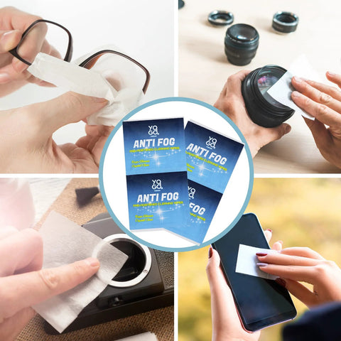 Anti fog wipes for glasses and camera lenses; blue packaging shown, used on glasses, camera lens, and phone screen.