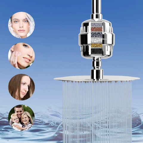 High Pressure 8 Inch Round Rain Shower Head With 5 Settings Handheld Shower Filter Combo Chrome Finish in use, water flowing.