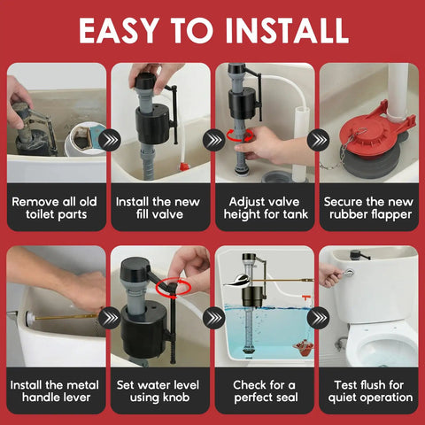 Step-by-step guide for installing Toilet Flush Valve Replacement Kit With Height Adjustable Fill Valve And No-Fuss Threaded Flow Control Knob.