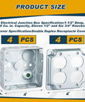 Four Pack 4 By 4 Inch Electrical Junction Boxes With Covers, Metal Outlet Box Set, 21 Cu In Capacity Receptacle Exposed Work