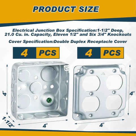 Four Pack 4 By 4 Inch Electrical Junction Boxes With Covers, Metal Outlet Box Set, 21 Cu In Capacity Receptacle Exposed Work