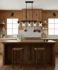 Modern Farmhouse 5 Light Linear Chandelier for Kitchen Island and Dining Room with Adjustable Rustic Pendant Light Black Metal Frame Real Wood Accent Clear Glass Shades Industrial Style Vibe