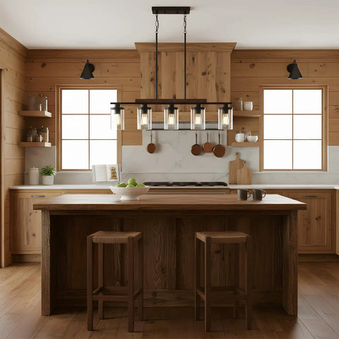 Modern Farmhouse 5 Light Linear Chandelier for Kitchen Island and Dining Room with Adjustable Rustic Pendant Light Black Metal Frame Real Wood Accent Clear Glass Shades Industrial Style Vibe