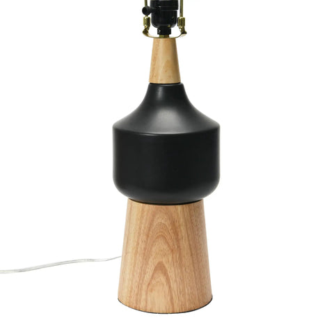 Natural Wood And Black Ceramic Table Lamp With Linen Mudcloth Shade, Rotary Switch, 60W Max, Dope Sleek Modern Home Decor Light