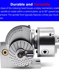 Rock Solid Universal Indexing Head For Rotary Table Featuring Precision Milling Three Jaw Chuck With Smooth Vertical And Horizontal Operation Dead Nuts Accurate Angle Adjustment Up To Ninety Degrees Eight Inch Kit, showing rotary mechanism and three-jaw chuck.