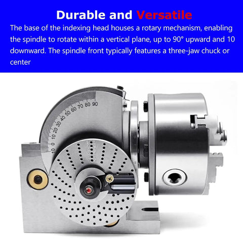 Rock Solid Universal Indexing Head For Rotary Table Featuring Precision Milling Three Jaw Chuck With Smooth Vertical And Horizontal Operation Dead Nuts Accurate Angle Adjustment Up To Ninety Degrees Eight Inch Kit, showing rotary mechanism and three-jaw chuck.