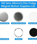 58mm Fridge Magnet DIY Kit Pack of 100 Sets With Metal Front and Back Covers, Clear Film, Blank Paper, and Soft Magnetic Sheets