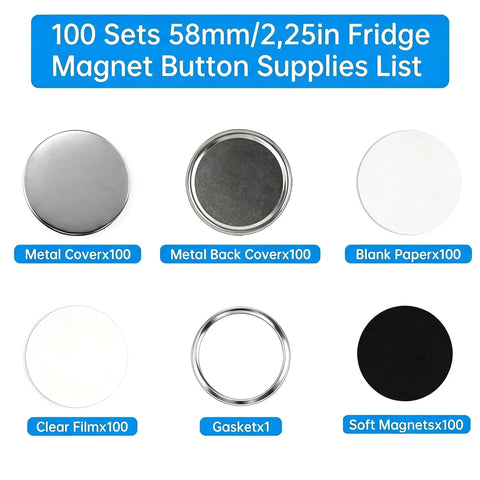 58mm Fridge Magnet DIY Kit Pack of 100 Sets With Metal Front and Back Covers, Clear Film, Blank Paper, and Soft Magnetic Sheets