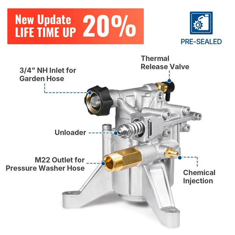 Diagram of Seven Eighths Inch Shaft Vertical Pressure Washer Pump 3000 PSI At 2.5 GPM Replacement showing features and connections.