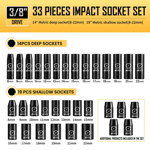 Three Eighth Inch Drive Impact Socket Set with deep and shallow metric sockets, sizes 8mm to 22mm, 33 pieces visible.