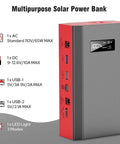 Off Grid Portable Solar Power Bank With 65W 110V AC Outlet 24000mAh External Battery Pack showing ports and display screen
