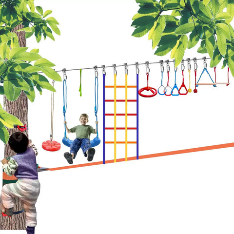 16 Piece Kids Climbing Rocks Set With Zip Line Accessories Non Slip Tree Rock Holds for indoor outdoor adventure play.