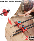 Pro Level Euro Wheel Marking Gauge For Woodworking Featuring Laser Engraved Inch And Millimeter Dual Scales CNC Aluminum showing inch and metric scales on a wooden surface.