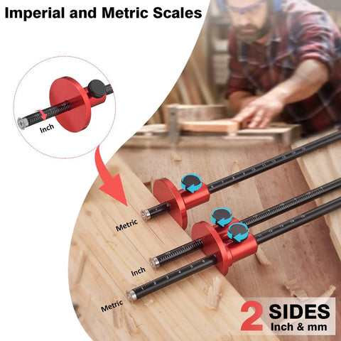 Pro Level Euro Wheel Marking Gauge For Woodworking Featuring Laser Engraved Inch And Millimeter Dual Scales CNC Aluminum showing inch and metric scales on a wooden surface.